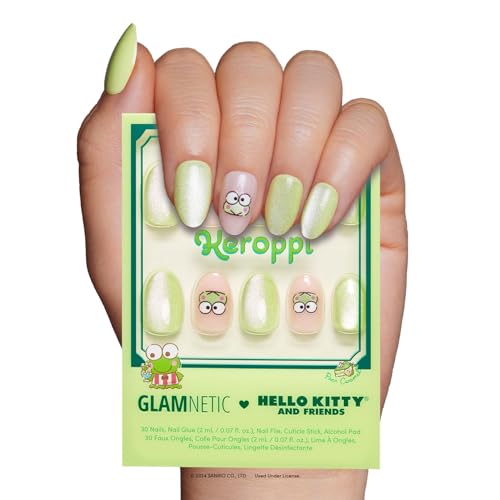 Glamnetic x Hello Kitty and Friends Press On Nails Keroppi Short Oval Pastel Green Graphic Fake Nails in a Velvet Finish 15 Sizes 30 Nail Kit with Glue - Image 1