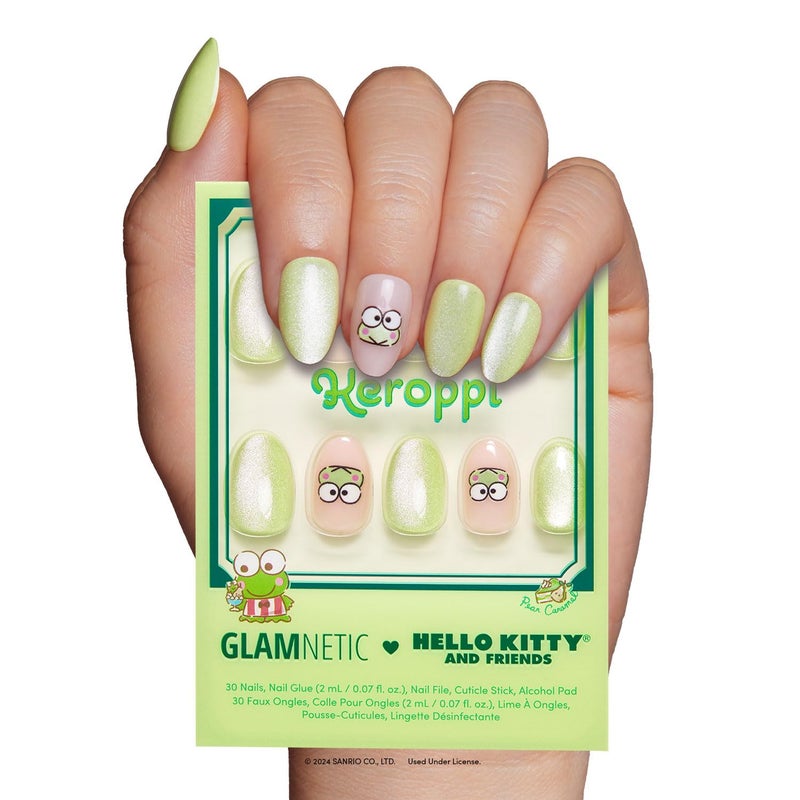 Glamnetic x Hello Kitty and Friends Press On Nails Keroppi Short Oval Pastel Green Graphic Fake Nails in a Velvet Finish 15 Sizes 30 Nail Kit with Glue - Image 2