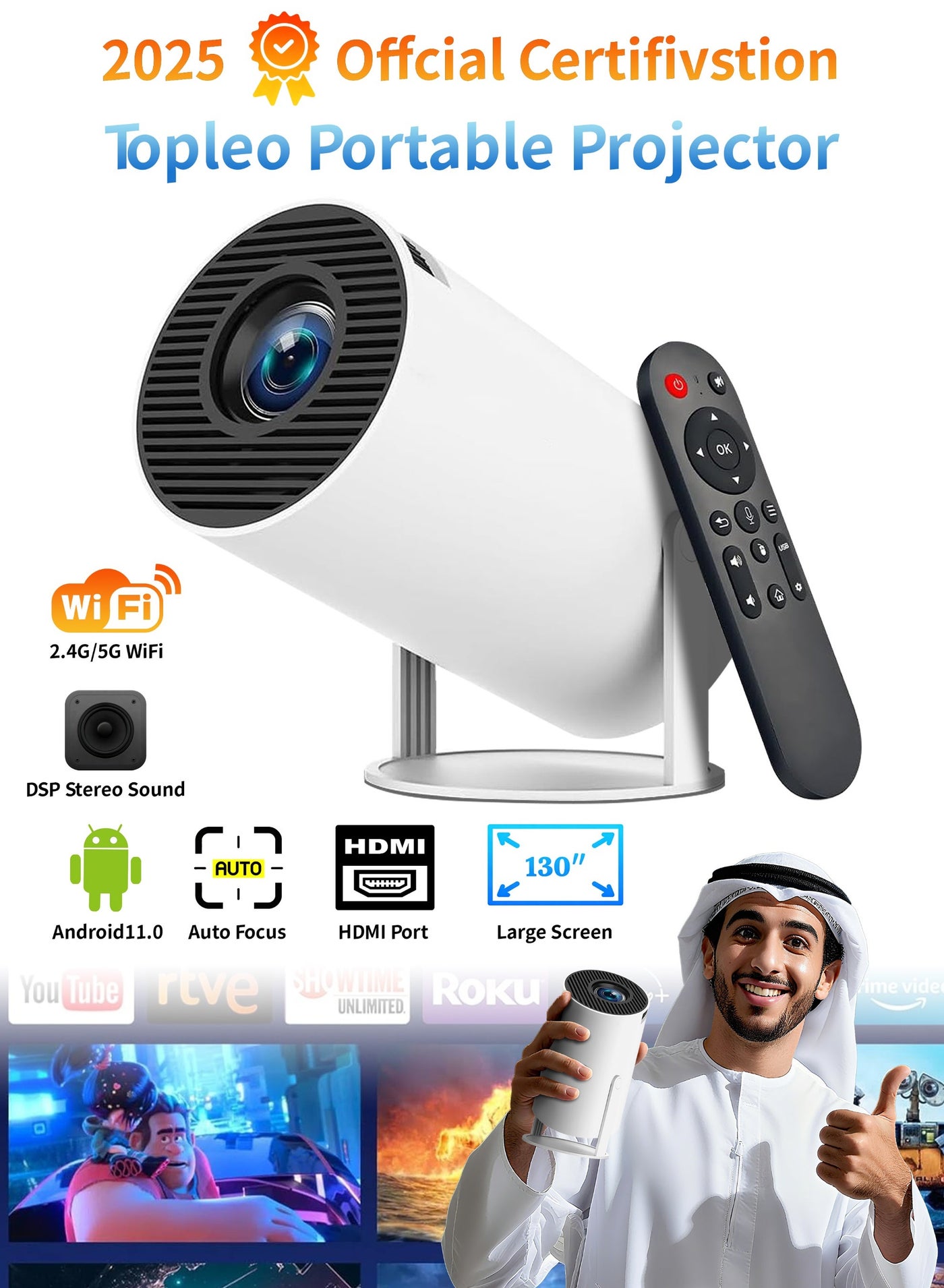 Topleo HY300 Android 5G Wifi Smart Portable Projector 1280 720P Full HD Office Home Theater Video Mini Projector Optical specifications PROJ-WO-87-AN White