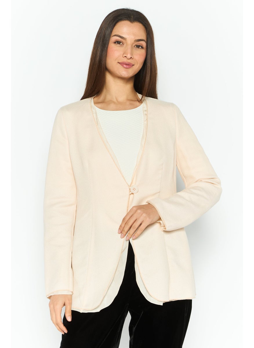 EMPORIO ARMANI - Women Regular Fit Textured Formal Blazer, Beige - Image 1