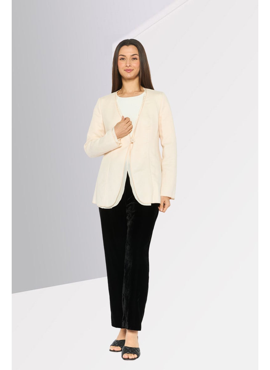 EMPORIO ARMANI - Women Regular Fit Textured Formal Blazer, Beige - Image 1