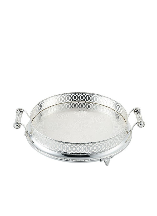 Trust Round Decorative Stainless Steel Serving Tray With Handles & Legs, Silver 50CM  - Image 1