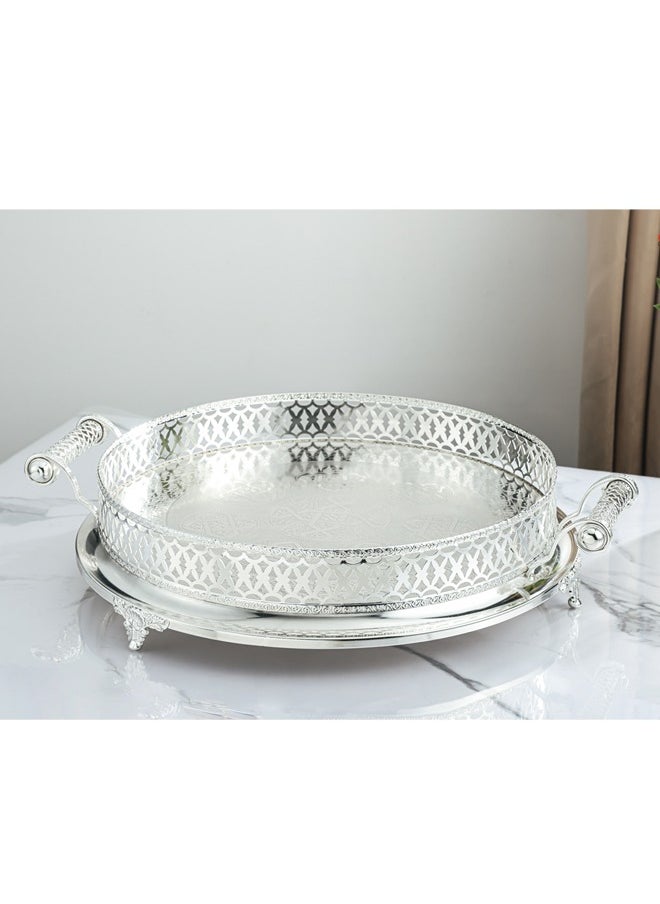 Trust Round Decorative Stainless Steel Serving Tray With Handles & Legs, Silver 50CM  - Image 2
