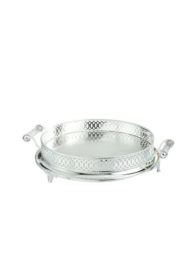 Trust Round Decorative Stainless Steel Serving Tray With Handles & Legs, Silver 50CM  - Image 3