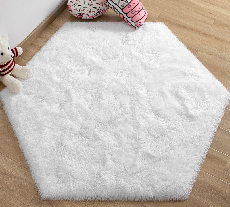 EVOIONOS White Hexagon Rug for Princess Tent  Fluffy Area Rug for Kids Room  4x4.6 Feet Hexagon Rug for Girls Tent  Furry Soft Nursery Rug  Fuzzy Plush Carpet for Teen Girls Bedroom - Image 1