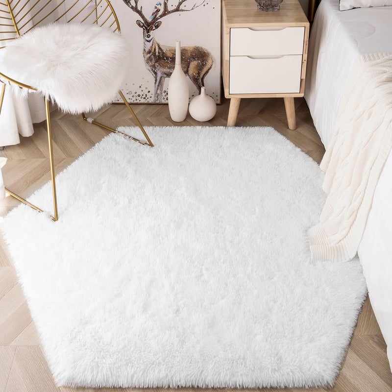 EVOIONOS White Hexagon Rug for Princess Tent  Fluffy Area Rug for Kids Room  4x4.6 Feet Hexagon Rug for Girls Tent  Furry Soft Nursery Rug  Fuzzy Plush Carpet for Teen Girls Bedroom - Image 5