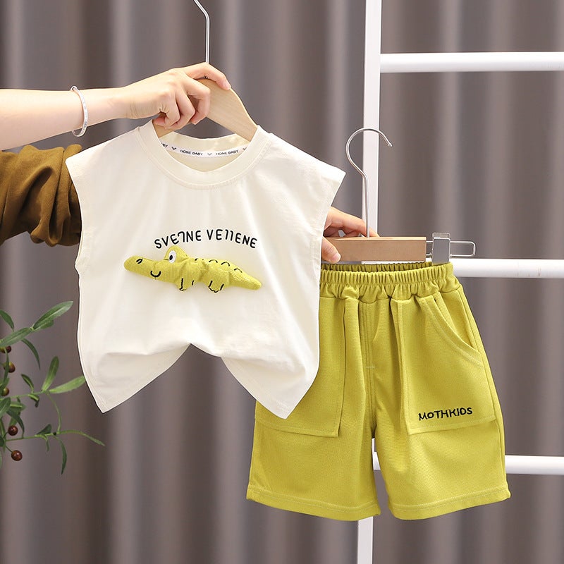 Korean version of summer new childrens baby boy dinosaur vest casual shorts set casual sportswear factory direct sales Beige White 