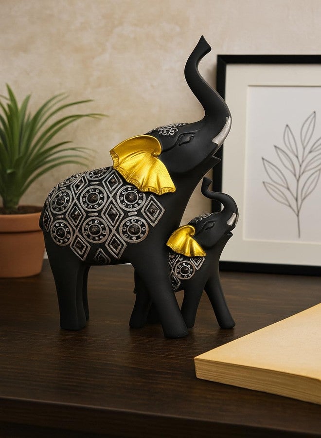 JAIPUR ACE Black Elephant Figurines with Silver Carving and Golden Ears - Decorative Resin Showpiece for Home Décor, Good Luck Symbol, Festive Gift, Premium Finish with Raised Trunks on Wooden Base - Image 1
