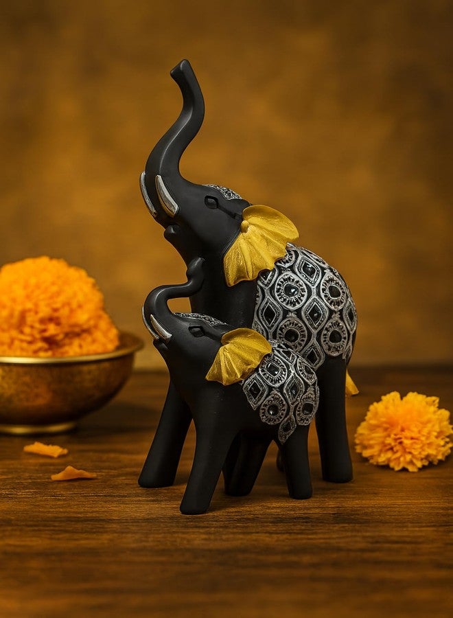JAIPUR ACE Black Elephant Figurines with Silver Carving and Golden Ears - Decorative Resin Showpiece for Home Décor, Good Luck Symbol, Festive Gift, Premium Finish with Raised Trunks on Wooden Base - Image 3