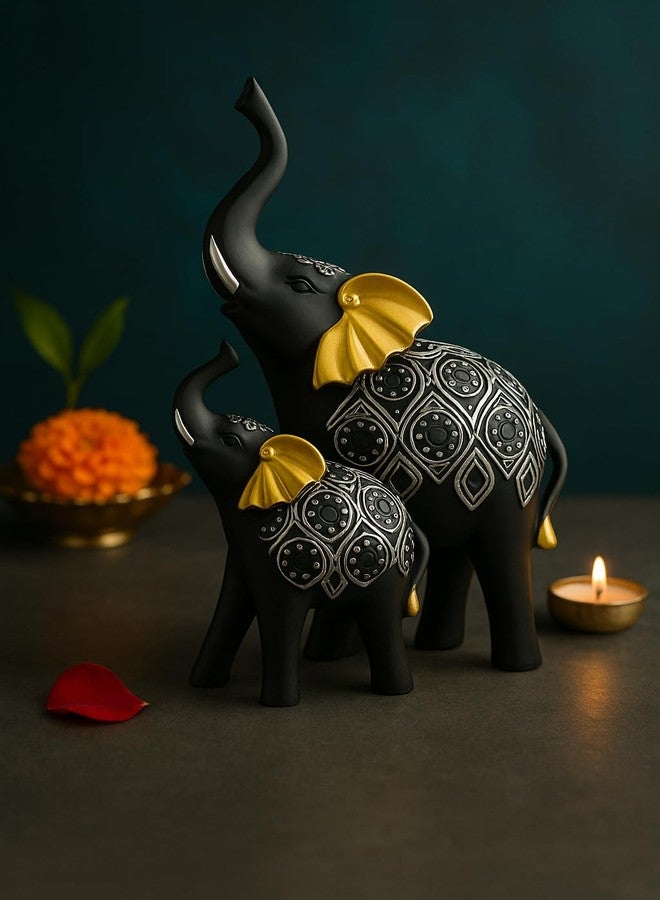 JAIPUR ACE Black Elephant Figurines with Silver Carving and Golden Ears - Decorative Resin Showpiece for Home Décor, Good Luck Symbol, Festive Gift, Premium Finish with Raised Trunks on Wooden Base - Image 2