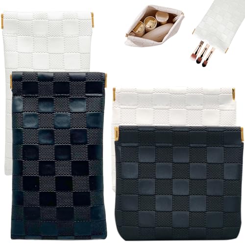 lyBlissor 4PCS Small Makeup Bag for Purse, Mini Leather Pocket Cosmetic Bag for Women, Waterproof Portable Makeup Pouch No Zipper Coin Purse Lipstick Bag Accessories, Checkered Travel Storage Bag(White, Black) - Image 1