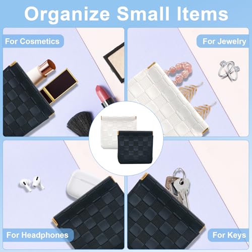 lyBlissor 4PCS Small Makeup Bag for Purse, Mini Leather Pocket Cosmetic Bag for Women, Waterproof Portable Makeup Pouch No Zipper Coin Purse Lipstick Bag Accessories, Checkered Travel Storage Bag(White, Black) - Image 4