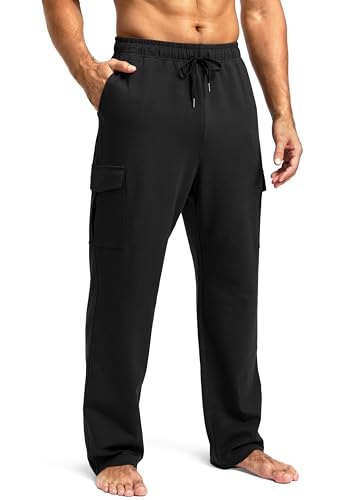 Pudolla Men's Cotton Sweatpants with Cargo Pockets Open Bottom Yoga Pants for Men Lounge Pants for Athletic Workout Casual(Black Large) - Image 1