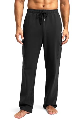 Pudolla Men's Cotton Sweatpants with Cargo Pockets Open Bottom Yoga Pants for Men Lounge Pants for Athletic Workout Casual(Black Large) - Image 2