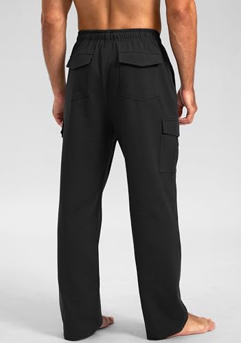 Pudolla Men's Cotton Sweatpants with Cargo Pockets Open Bottom Yoga Pants for Men Lounge Pants for Athletic Workout Casual(Black Large) - Image 3