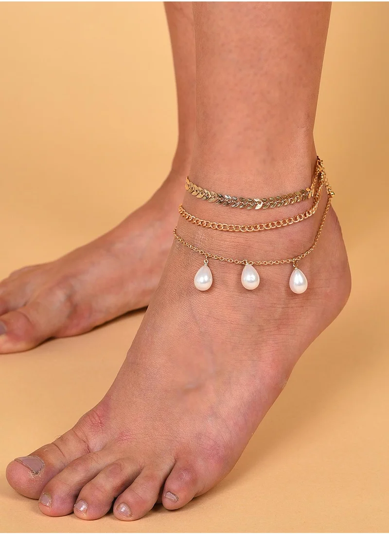 سوهي Set Of 3 White Pearl Studded Anklet