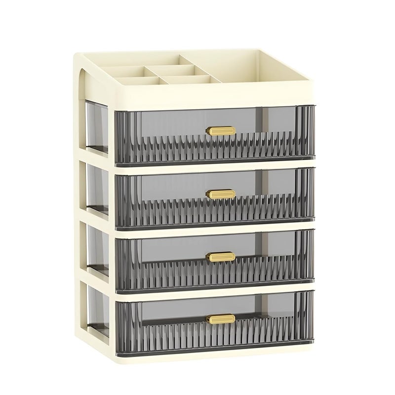 HOOPVOOL Desk Makeup Organizer, Plastic Storage Box with Sliding Drawer, Stylish Display Case for Cosmetics, Lotion, Nail Polish,Brushes,and Jewelry (4 - Layer, Cream) - Image 1