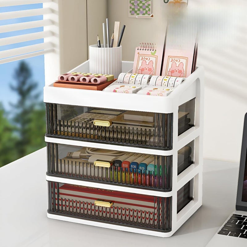 HOOPVOOL Desk Makeup Organizer, Plastic Storage Box with Sliding Drawer, Stylish Display Case for Cosmetics, Lotion, Nail Polish,Brushes,and Jewelry (4 - Layer, Cream) - Image 5