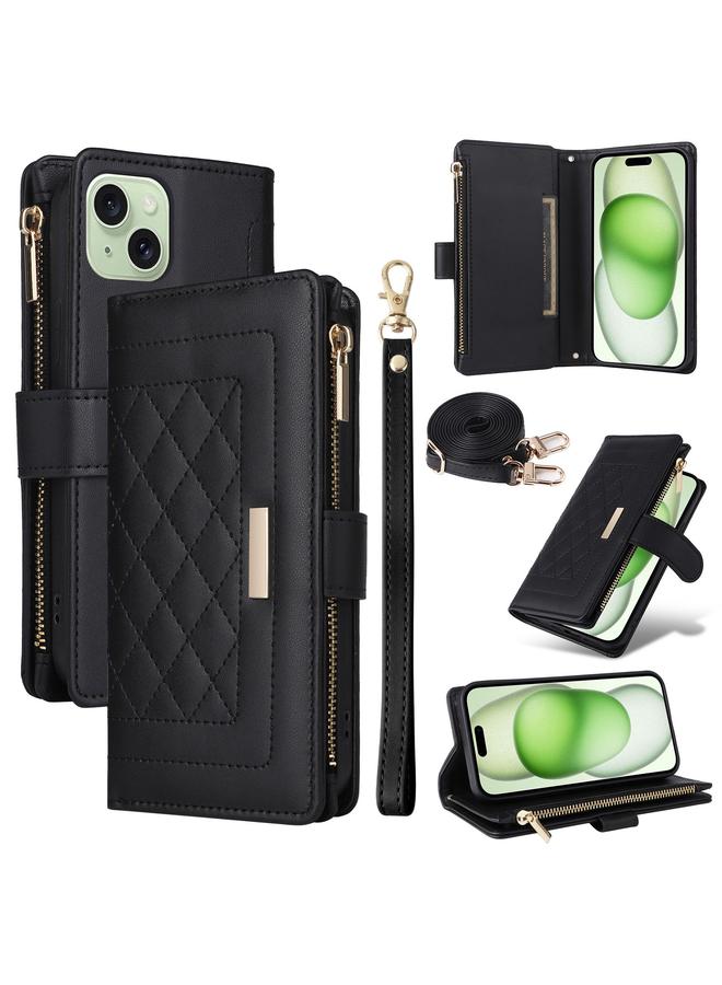 اس-توب جراب هاتف iPhone 15 Crossbody Zipper Wallet Rhombed Leather Case Phone Case - Image 1