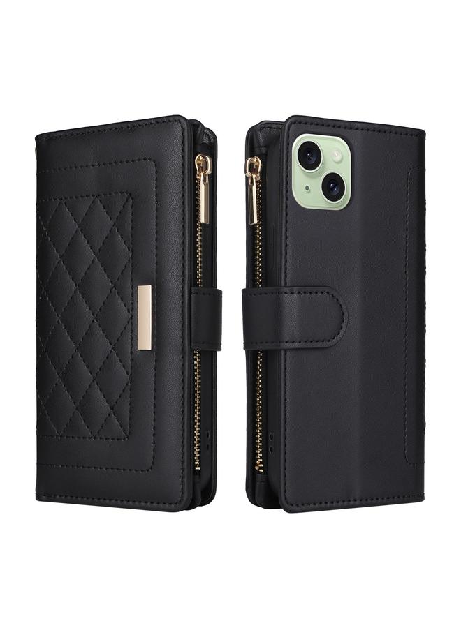 اس-توب جراب هاتف iPhone 15 Crossbody Zipper Wallet Rhombed Leather Case Phone Case - Image 3