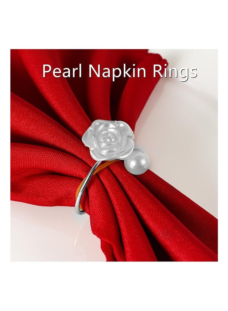 10 Pcs Napkin Rings,White Rose Pearl Dining Table Napkin Ring Holder,Vintage Paper Towel Rings for Valentine's Day Wedding Banquet Home Table Decorations - Image 3
