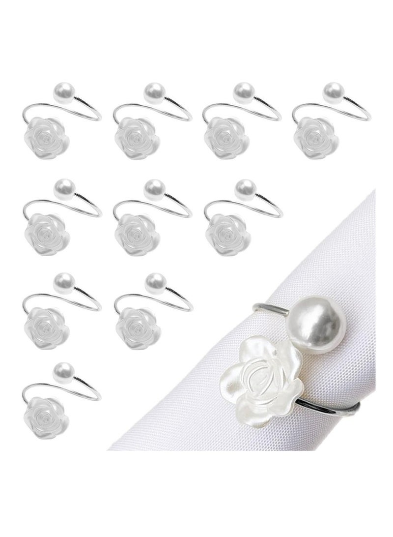 10 Pcs Napkin Rings,White Rose Pearl Dining Table Napkin Ring Holder,Vintage Paper Towel Rings for Valentine's Day Wedding Banquet Home Table Decorations - Image 1