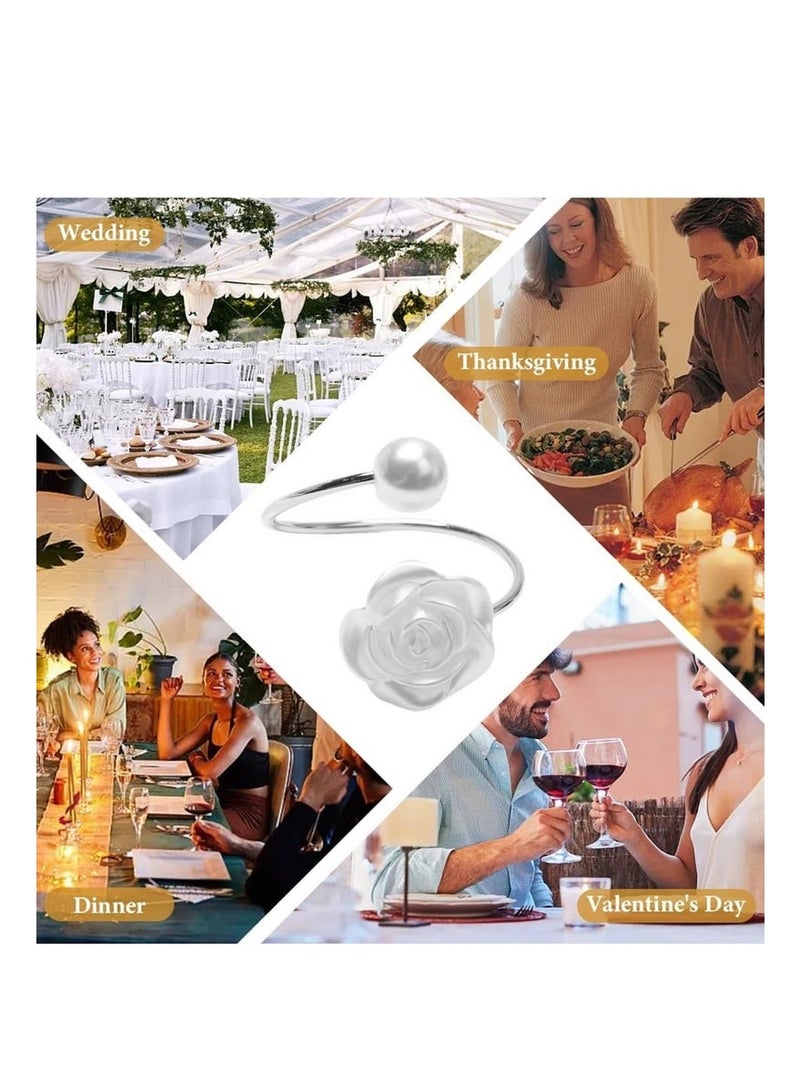 10 Pcs Napkin Rings,White Rose Pearl Dining Table Napkin Ring Holder,Vintage Paper Towel Rings for Valentine's Day Wedding Banquet Home Table Decorations - Image 5