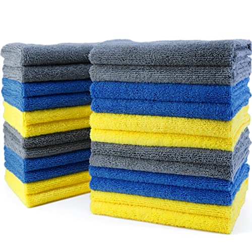 POLYTE Microfiber Cleaning Towel Ultrasonic Cut Edgeless 16x16 24 Pack Premium BlueGrayYellow