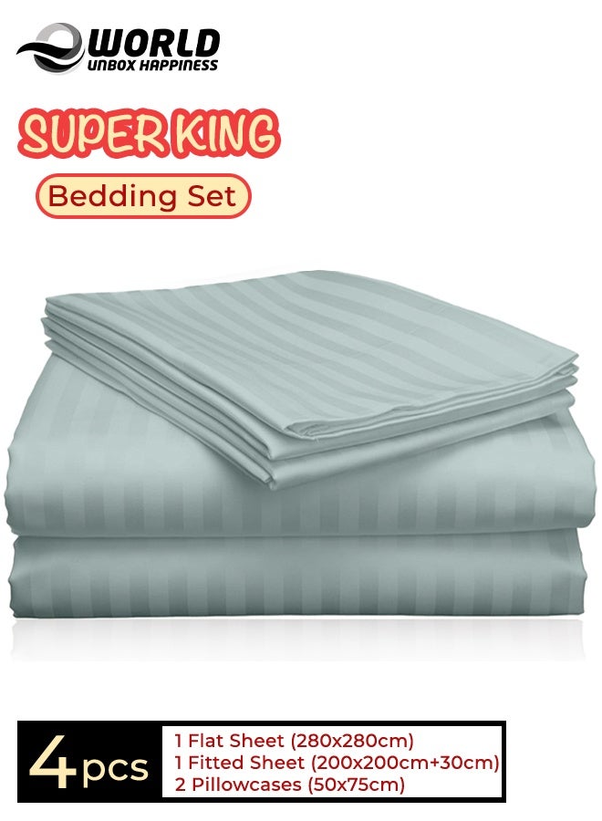 Eworld 4-Piece Luxury Super King Pastel Green Striped Bedding Set (Flat Sheet 280×280 cm, Fitted Sheet 200×200+30 cm, 2 Pillowcases 50×75 cm) – Premium Microfiber, Hotel-Style Comfort - Image 1
