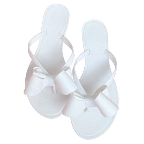 Mtzyoa Women Flip-Flops Bow Flat Sandals Beach Jelly Cute Rain White Size 8 Ladies Summer Casual Waterproof - Image 1