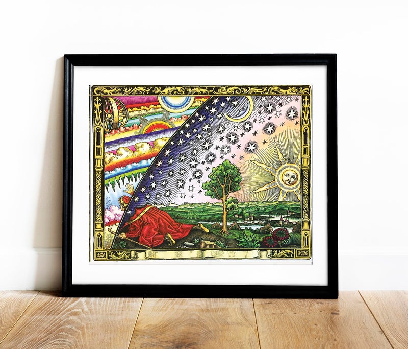ArtCantHurtU 1889 Firmament Dome - Flat Earth Map by Camille Flammarion - Meteorology Cosmology Astronomy Stars Moon Space Wall Art Decor Print - Ancient World History Dark Ages Civilizations - Unframed 16"x20" - Image 1