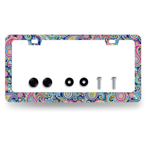MUAWUOIK Colorful Paisley License Plate Frame Boho License Plate Stainless Steel Mandala Accessories Cars Decor 123 X 63 Inch with Holes and Screws Fits Standard Us Canada Vehicles - Image 1