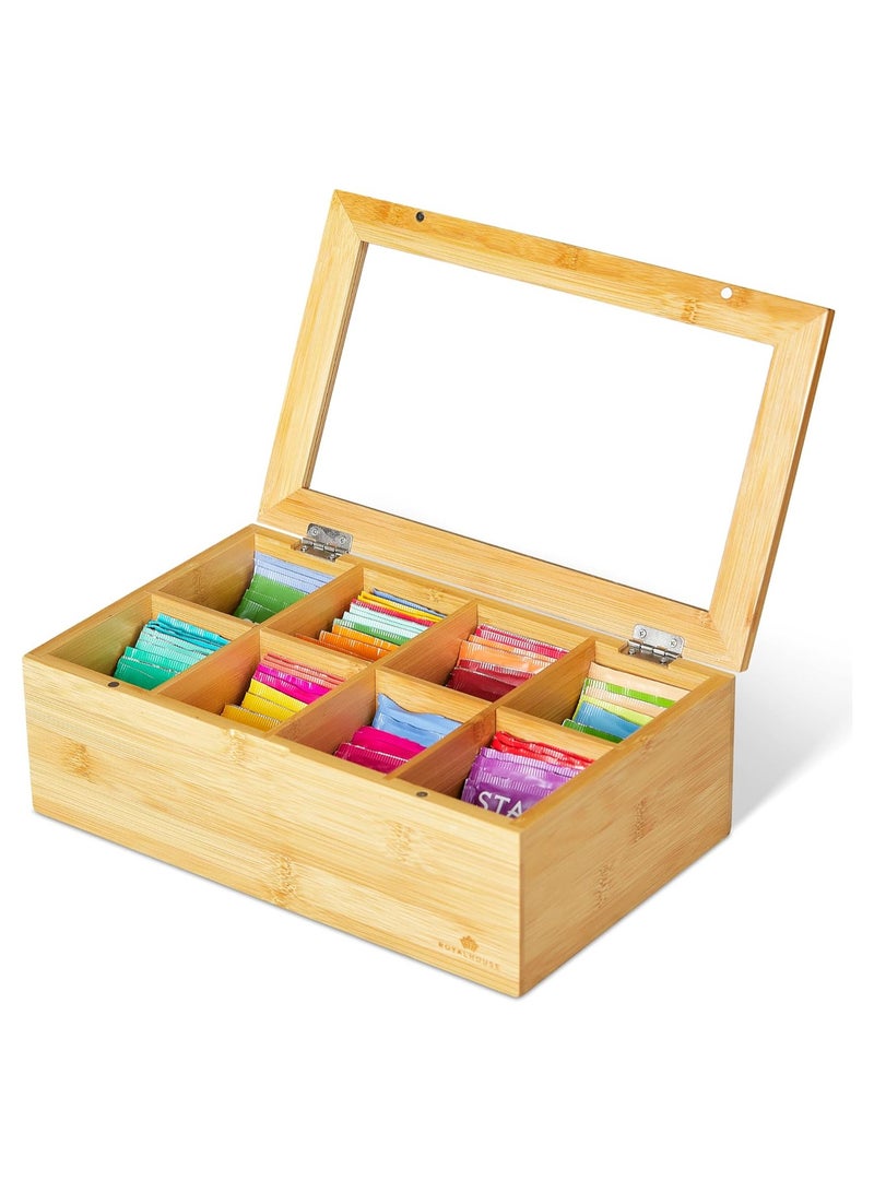 The Big Natural Beech Wood Tea Storage Organizer with Clear Acrylic Top Window, 8 Compartments Eco-Friendly Tea Bag Holder, Multi-Functional Storage Box. - Image 1