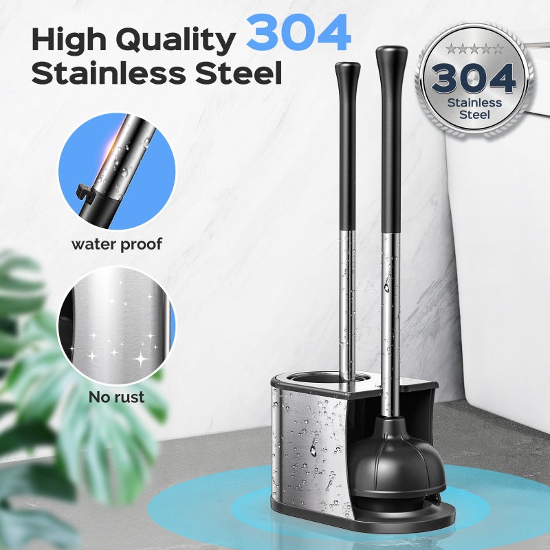 HAMITOR Toilet Plunger and Brush Set: 2 in 1 Stainless Steel Rustproof Combo with Deep Cleaning Curved Bristles - Heavy Duty Toilet Unclogging for Family Bathroom - Compact Apartment Accessories - Image 3