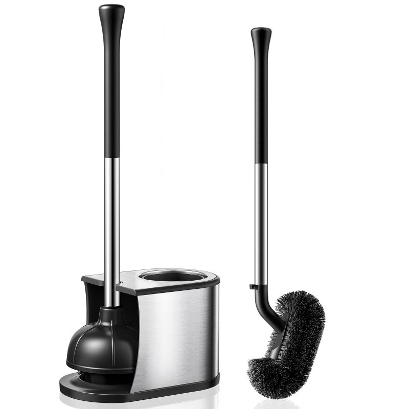 HAMITOR Toilet Plunger and Brush Set: 2 in 1 Stainless Steel Rustproof Combo with Deep Cleaning Curved Bristles - Heavy Duty Toilet Unclogging for Family Bathroom - Compact Apartment Accessories - Image 1