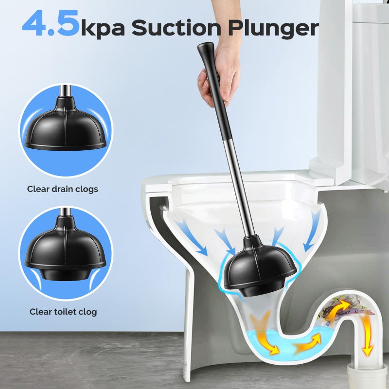 HAMITOR Toilet Plunger and Brush Set: 2 in 1 Stainless Steel Rustproof Combo with Deep Cleaning Curved Bristles - Heavy Duty Toilet Unclogging for Family Bathroom - Compact Apartment Accessories - Image 5