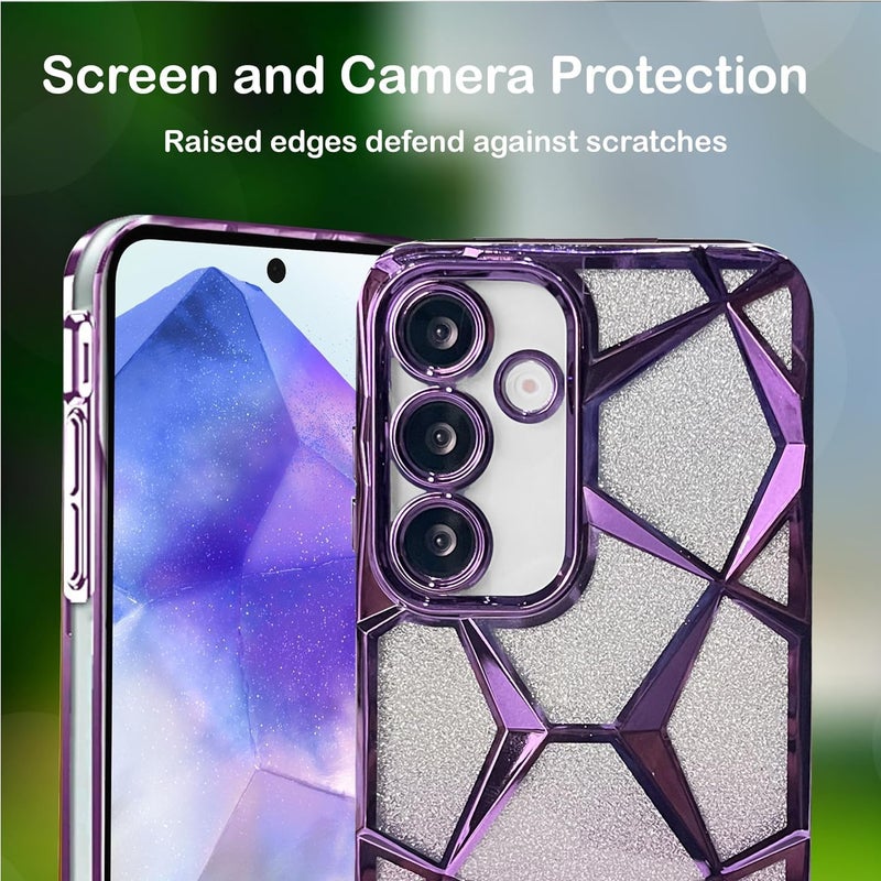 VONZEE Gradient Glitter Case for Samsung A55, Luxury Electroplated 3D Cube, Diamond Bling Shiny Soft TPU Clear Shockproof Women Girls Protective Phone Cover (Deep Purple) - Image 5