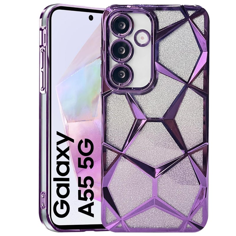 VONZEE Gradient Glitter Case for Samsung A55, Luxury Electroplated 3D Cube, Diamond Bling Shiny Soft TPU Clear Shockproof Women Girls Protective Phone Cover (Deep Purple) - Image 1