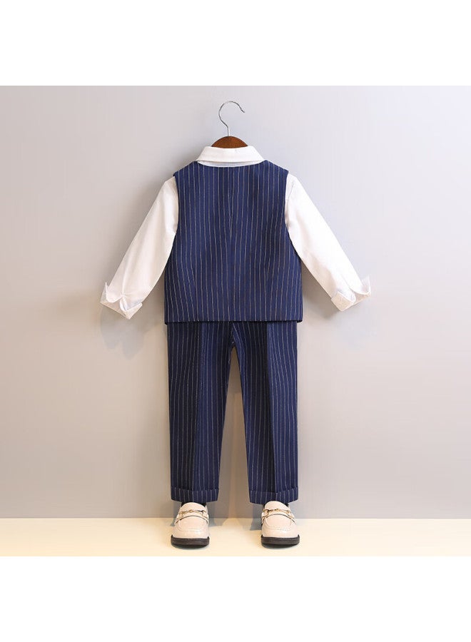 Luobobeibei Children's Formal Dress Spring/summer Boys' British Style Striped Vest Performance Suit Navy Blue Long Sleeve Four-piece Set 130 - Image 4