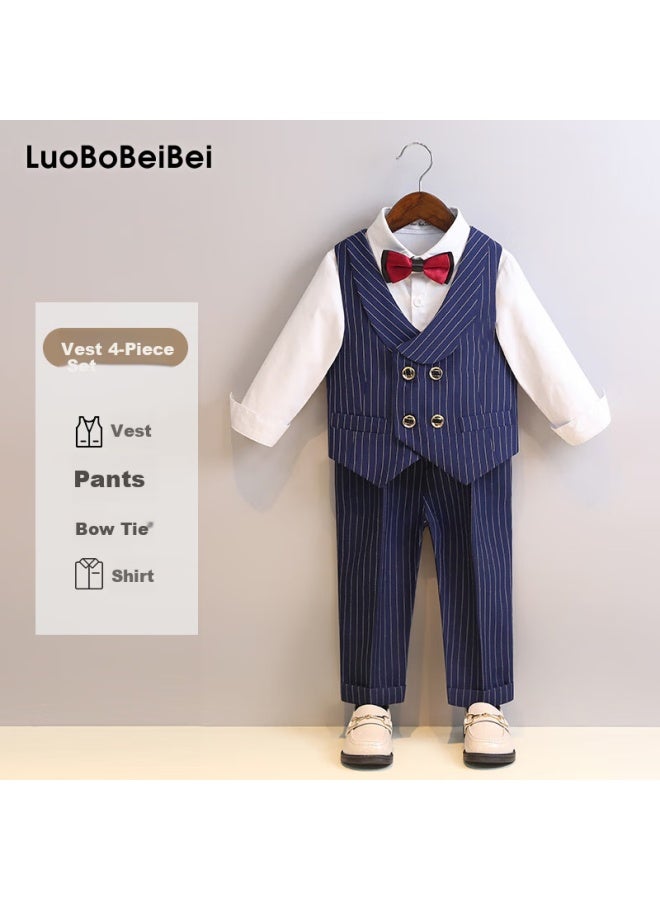 Luobobeibei Children's Formal Dress Spring/summer Boys' British Style Striped Vest Performance Suit Navy Blue Long Sleeve Four-piece Set 130 - Image 1