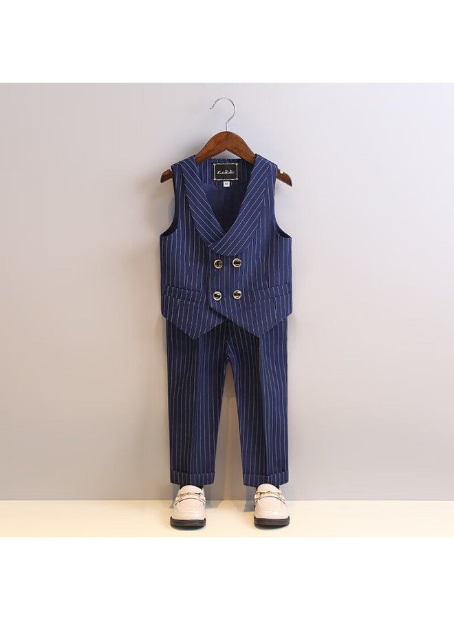 Luobobeibei Children's Formal Dress Spring/summer Boys' British Style Striped Vest Performance Suit Navy Blue Long Sleeve Four-piece Set 130 - Image 3