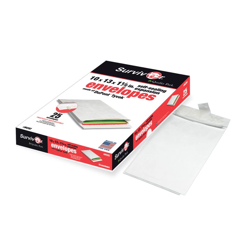 Quality Park Survivor Lightweight 14 lb Tyvek Open End 1.5" Expansion Mailers, 13 1/2, Square Flap, Redi-Strip Closure, 10 x 13, White, 25/Box - Image 3