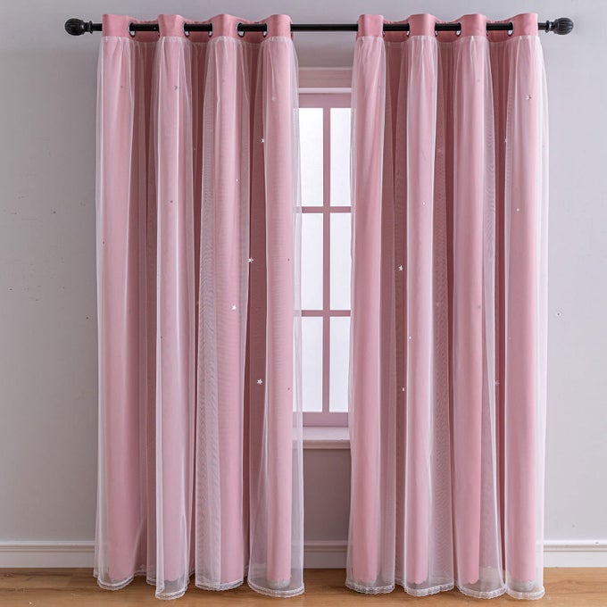 2 PANELS STAR BLACKOUT CURTAINS FOR KID GIRLS BEDROOM LIVING ROOM DARKING STRIPE DOUBLE LAYER STAR CUT OUT WALL HOME DECOR GRADIENT GROMMET WINDOW CURTAINS PINK 63L