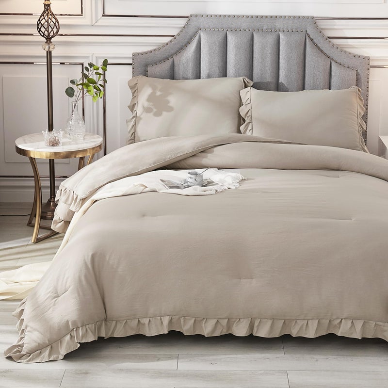 Andency Wheat Ruffle Comforter Queen90x90Inch 3 Pieces1 Ruffled Comforter and 2 Pillowcases Vintage Fringe Bed Set Farmhouse Rustic Microfiber Down Alternative Bedding Set