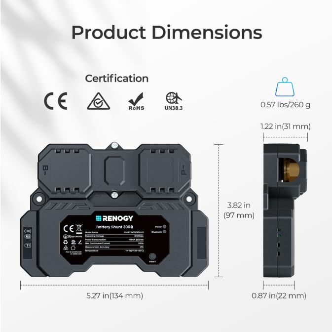 Renogy Battery Shunt 300, Remote Battery Monitoring, Range 8V-120V up to 500A, High Precision Current Sensor, Compatible Lead Acid, LFP, Li-ion, and Ni-MH Batteries - Image 5