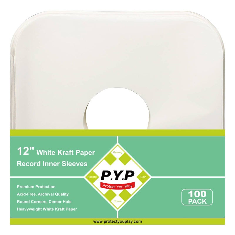 P.Y.P PROTECT YOU PLAY 100ct 12-Inch Vinyl-Record Inner Sleeves - Made from Heavyweight White Kraft Paper, Album Covers with Round Corners for 33 RPM, Center Hole, Record Jackets to Protect The Collection of LPs & Singles - Image 1