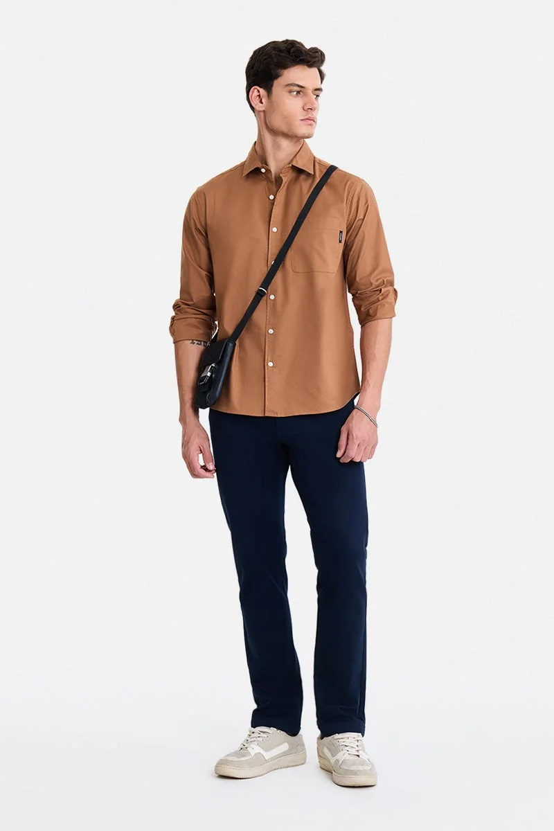 سنيتش Khaki Solid Long Sleeve Regular Fit Casual Shirt