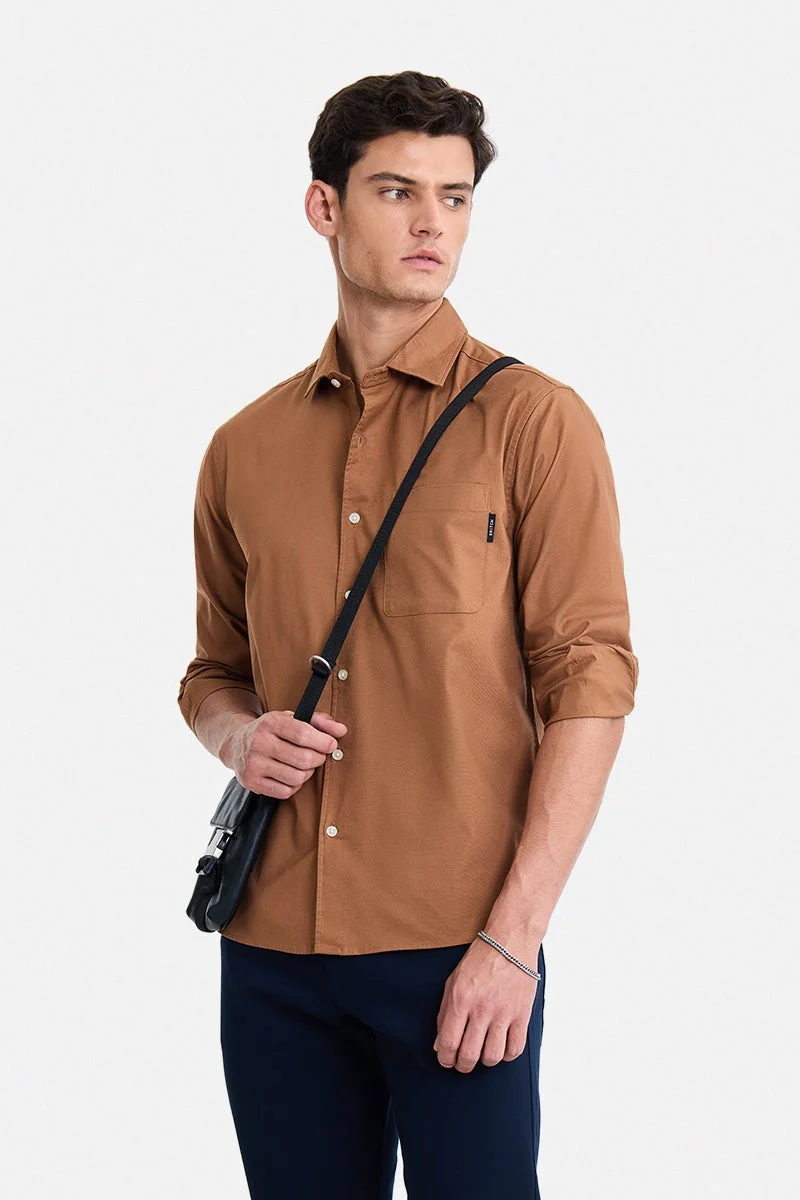 سنيتش Khaki Solid Long Sleeve Regular Fit Casual Shirt
