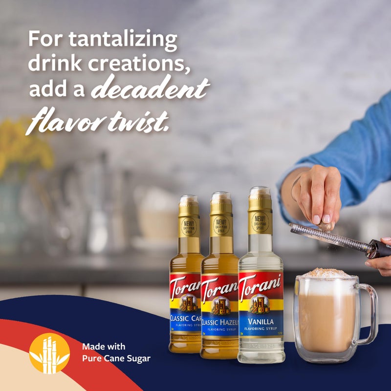 Torani Coffee Syrup, Vanilla, Caramel, and Classic Hazelnut Variety 3-Pack, Flavoring for Drinks, New Easy-Pour Spouts Included, Half-Size Bottles, 12.7 Fl Oz Ea - Image 4