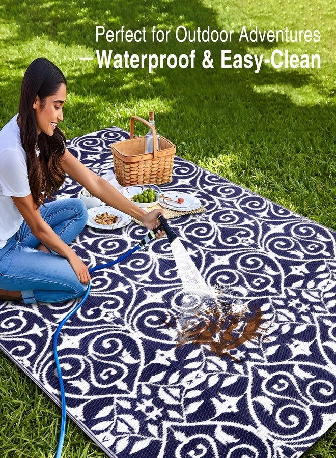 OLANLY Outdoor Rug Waterproof 5x8 ft Clearance, Reversible Plastic Straw Rug with Floral Pattern, RV Mat for Patio, Camping, Balcony, Deck, Backyard, Navy & White - Image 3